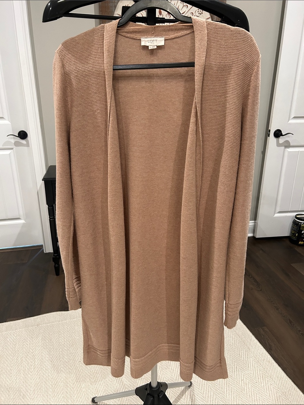LOFT Open-Front Long Cardigan Sweater in Taupe Brown / detail trim for pop!